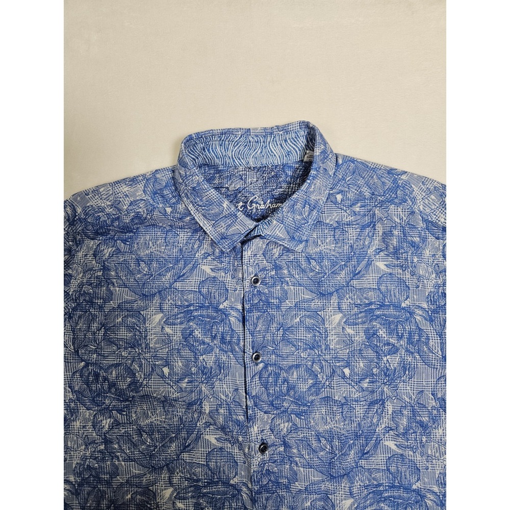 ROBERT GRAHAM‎ Men's Abstract Floral Plaid Linen Large Blue Short Sleeve Shirt - Picture 2 of 8